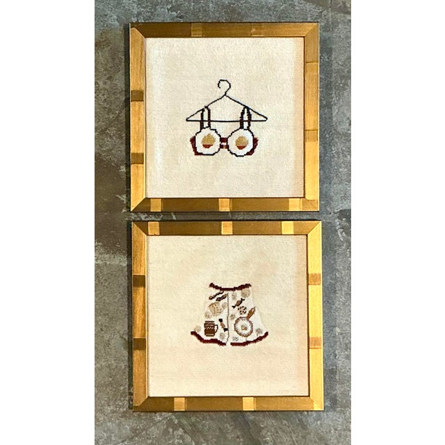 This charming pair of original needlepoint artworks is a masterclass in "Grandmillennial" style, blending traditional...