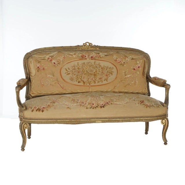 Wood Antique French Louis XV Giltwood & Aubusson Tapestry Sofa Circa 1860 For Sale - Image 7 of 12