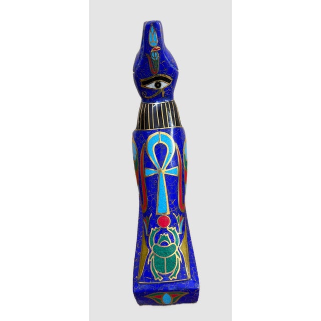 Handmade Egyptian Horus Falcon Statue Inlaid With Lapis, Turquoise & Malachite – 12” For Sale - Image 4 of 7