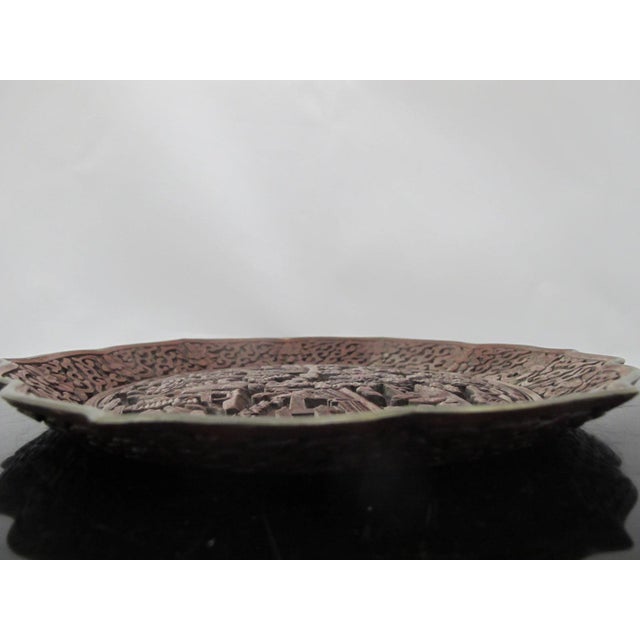 Chinese Cinnabar Lacquer Style Resin Village Scene 10" Plate Pair With Stands For Sale - Image 9 of 18