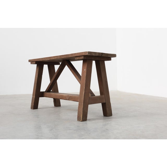 Antique French Rustic Oak Trestle Bench, 1890s For Sale - Image 5 of 14