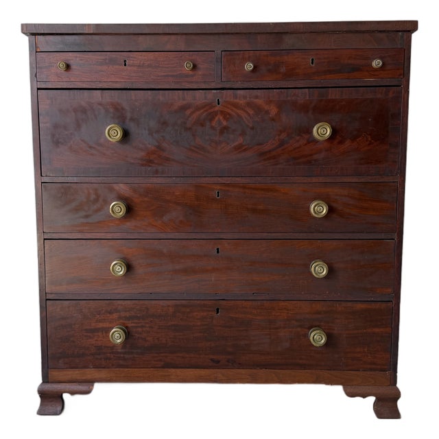 Antique 19th Century Solid Mahogany Chest of Drawers With Brass Knobs For Sale