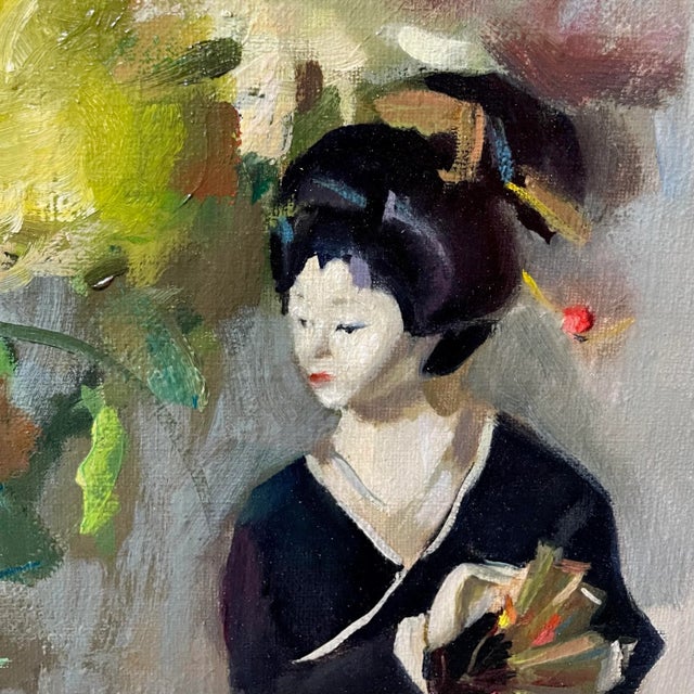 Impressionist Vintage Oil on Canvas Surrealist of Still Life with Geisha Painting, Signed & Framed For Sale - Image 3 of 9