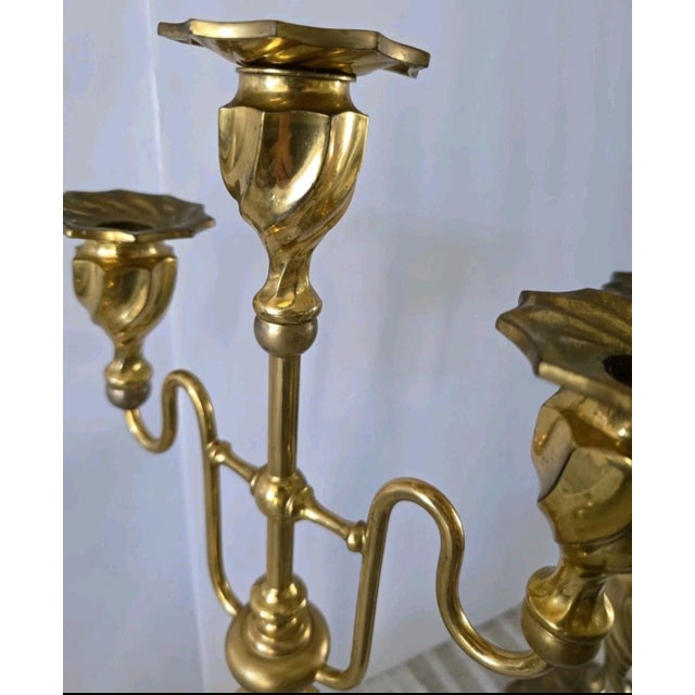 Two Vintage 3 Light Brass Metal churchAltar Candelabra Candlesticks 18" Decor For Sale - Image 9 of 12