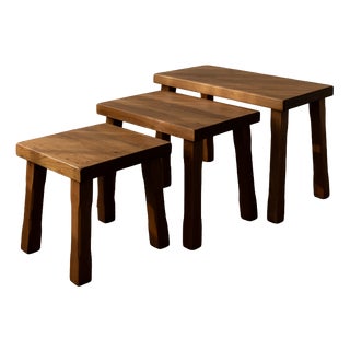 Dutch Brutalist Oak Nesting Tables in the style of Pierre Chapo, 1970s, Set of 3 For Sale