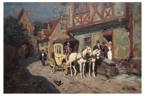 Horses with Carriage, Wilhelm Velten, Oil on Panel