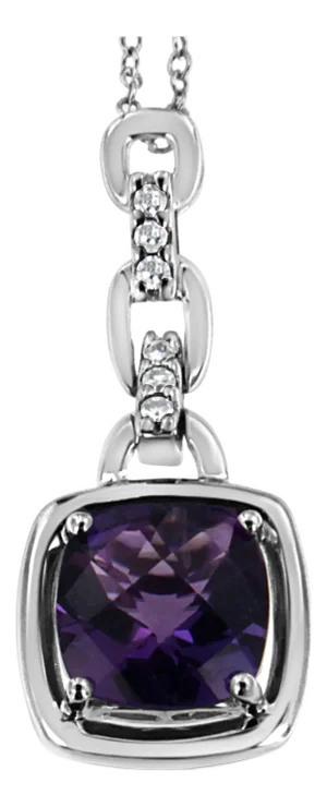 .925 Sterling Silver 6x6MM Cushion Shaped Natural Purple Amethyst and Diamond Accented Bale 18" Inch Pendant Necklace