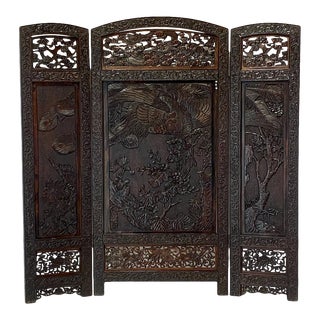 Antique 19th Century Qing Chinese Folding Table Screen Carved With Phoenix, Dragons, Bats & Birds For Sale