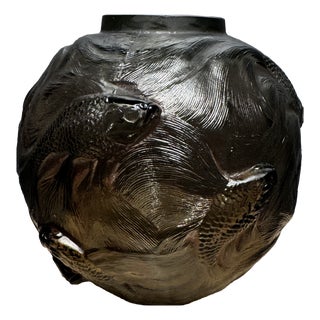 Vintage Formosa Vase in Dark Grey Glass by R. Lalique, 1926 For Sale