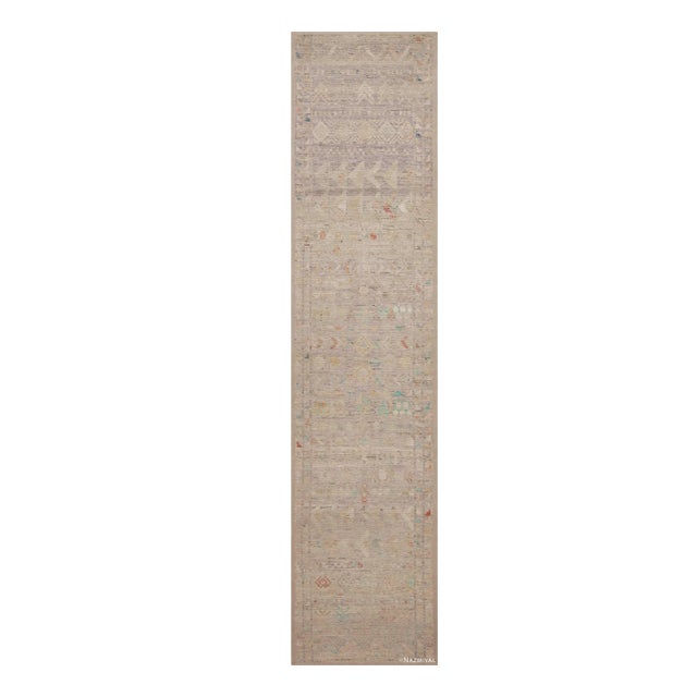 Nazmiyal Collection Tribal Geometric Soft Neutral Pastel Color Modern Runner Rug For Sale
