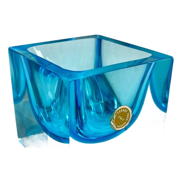 Label Block Vase with Light Blue Core by Murano Cesare Toso, 1970s For Sale