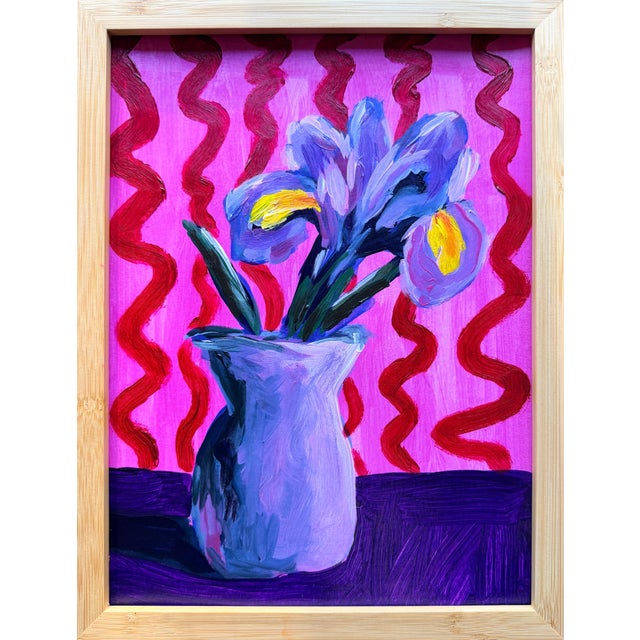 Original still life painting on paper of an iris flower in a vase. Painted by Austin, TX artist Anna Richards. The...