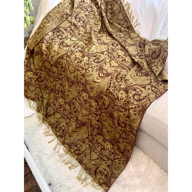Italian Samarkanda Lanerossi Blanket Pure Virgin Wool Paisley Jacquard Olive Brown With Fringe For Sale In Miami - Image 6 of 12