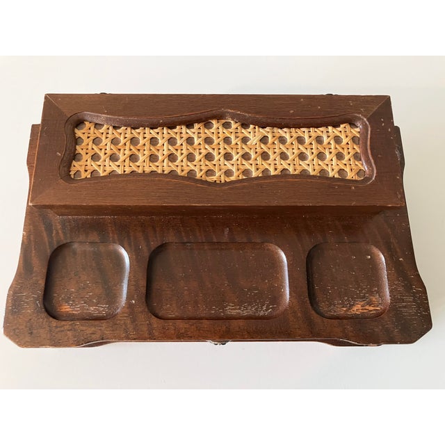 Wood 20th C. Mid-Century Modern Wooden Valet Jewelry Box With Woven Cane Top & Drawer For Sale - Image 7 of 18