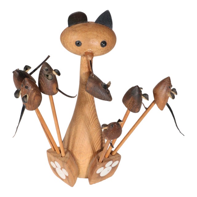Mid 20th Century Wood Cat and Mouse Cocktail Hor d'Oeuvres Set For Sale