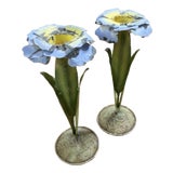 Mid 20th Century Italian Tole Flowers Botanical Candle Holders, a Pair For Sale