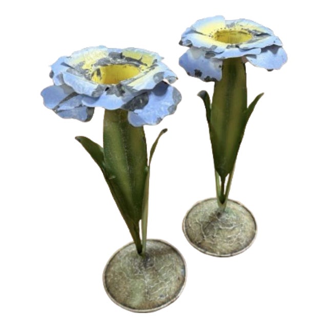 Mid 20th Century Italian Tole Flowers Botanical Candle Holders, a Pair For Sale