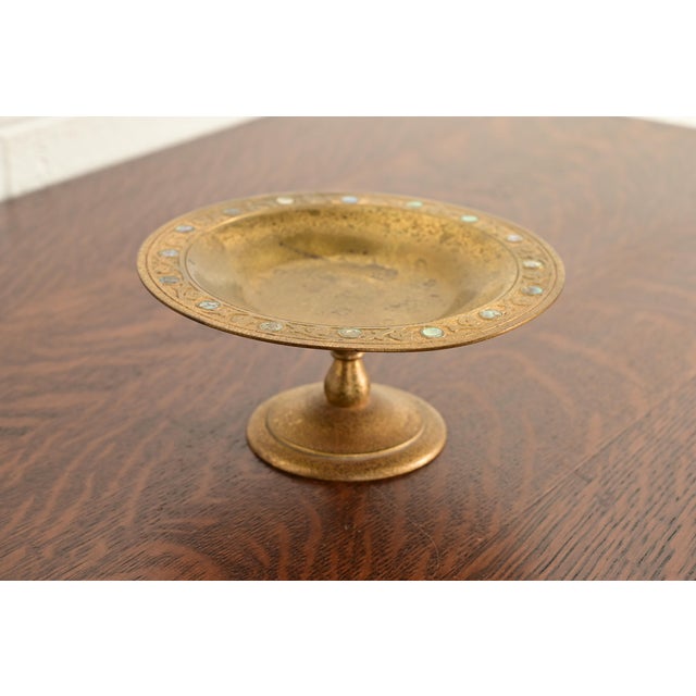 Early 20th Century Tiffany Studios New York Bronze Doré Pedestal Bowl or Compote Dish With Abalone Inlay For Sale - Image 5 of 15