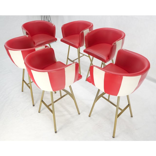 Milo Baughman Set of 6 Barrel Back Mid Century Modern Bar Stools as is Upholstery For Sale - Image 4 of 7