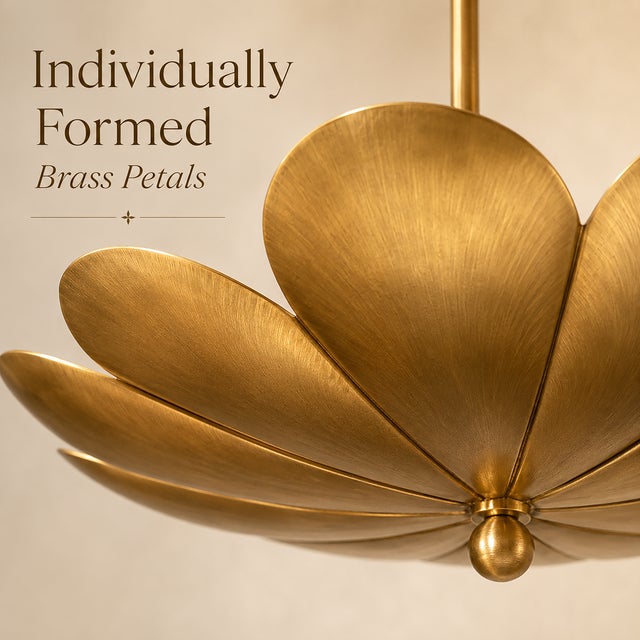 Metal Handcrafted Brass Flower Chandelier, 4-Light Petal Pendant, Mid-Century Ceiling Fixture For Sale - Image 7 of 9