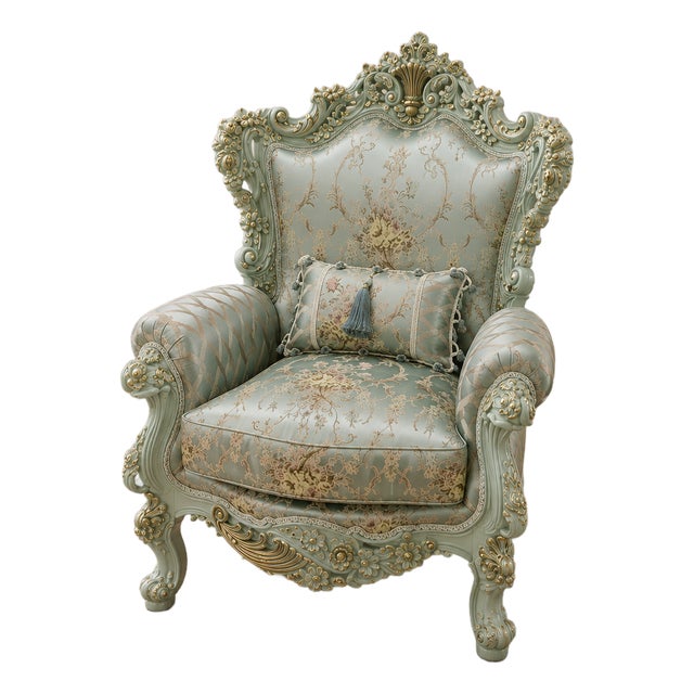 French Louis XV Style Armchair – Sky Blue Damask Upholstery With Silver Leaf Details For Sale