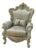 French Louis XV Style Armchair – Sky Blue Damask Upholstery With Silver Leaf Details For Sale