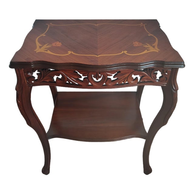 Antique French Louis XV Style Inlaid Marquetry and Carved Walnut Accent Table For Sale