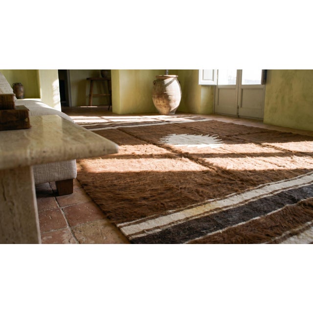 1930s Brown Medallion Kilim Antique Turkish Mohair Flat-Weave Rug 4'3" X 6' Wool Carpet For Sale - Image 14 of 15