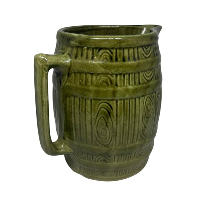 Mid-Century Modern Mid 20th Century Retro Green Yellow Ware Pottery Stoneware Barrel 8” Pitcher For Sale - Image 3 of 12