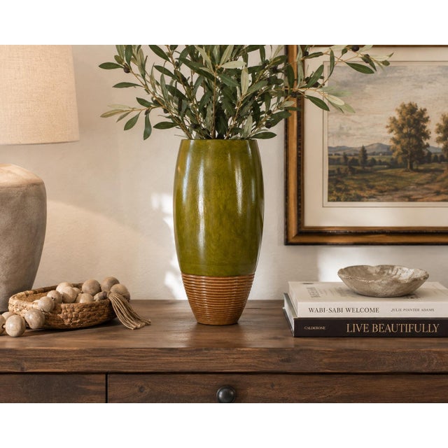 Vintage Hand-Turned Solid Wood Olive Green Sculptural Vase With Ribbed Base – Organic Modern, 14”h For Sale In Houston - Image 6 of 7