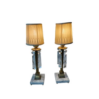Antique Neo-Classical Petite Brass and Cut Crystal Lamps - a Pair For Sale