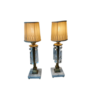 Antique Pair of Neo-Classical Petite Brass and Cut Crystal Lamps Completely Restored