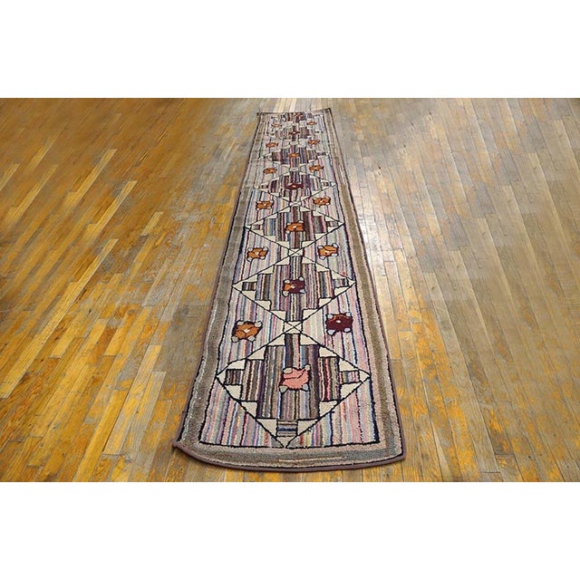 Early 20th Century Geometrical American Hooked Rug 2'4" x 12'10" - 71 x 391 Hallway Runner Rugs (2.04ft x 12.1ft), Circa...