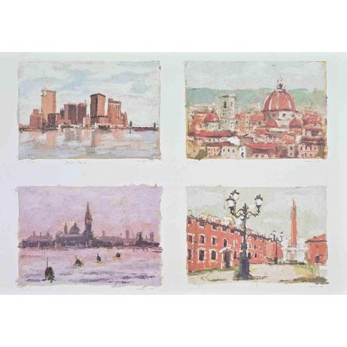 Lithograph on wove paper, realized in 1980s. Hand signed under each image. Excellent condition. In Vedute italiane, Franco...