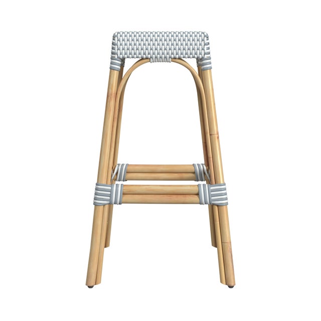2020s Robias 30 in. Seat Height Rectangular Rattan Backless Bar Stool, White/Sky Blue Dot / Natural Rattan Frame For Sale - Image 5 of 7