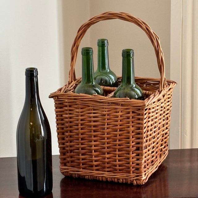 French Country Vintage French-Style Four Bottle Wicker Wine Caddy For Sale - Image 3 of 17