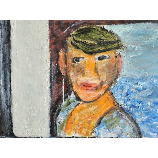 Mid-Century Modern Mid Century Swedish Modernist Naivist Maritime Oil Painting of a Fisherman For Sale - Image 3 of 18