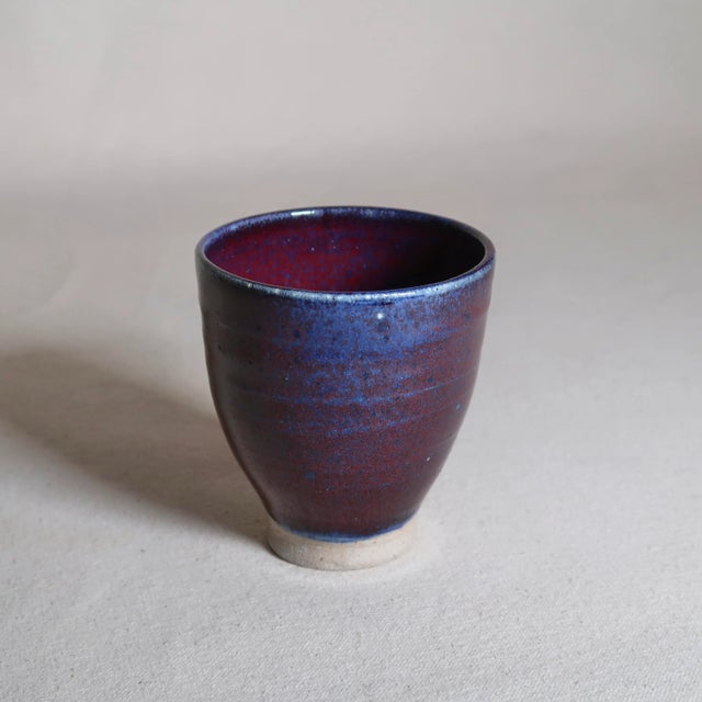 Ink Blue Contemporary Studio Pottery Cup With Layered Blue and Iron-Red Glaze For Sale - Image 8 of 12