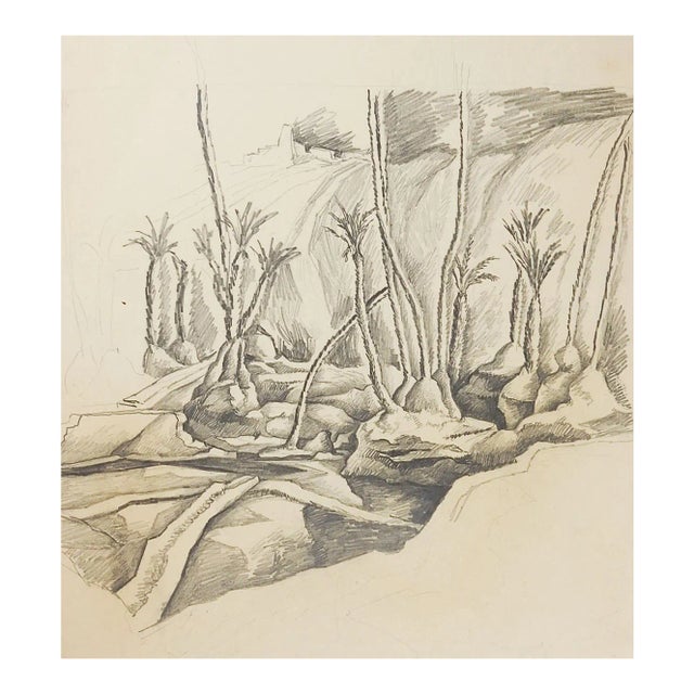 Vintage Wadi & Palm Trees Pencil Study Drawing For Sale