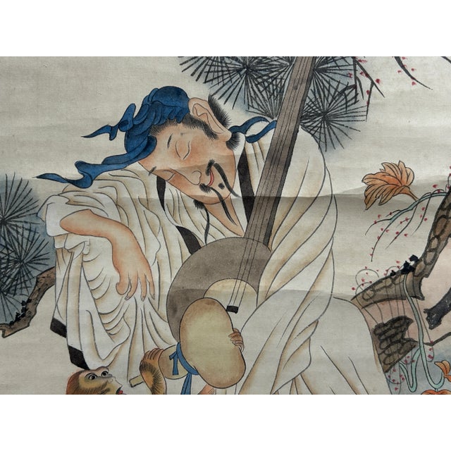 Oriental Scholar Monkeys Ink Brush Color Scroll Painting Wall Art For Sale - Image 9 of 11