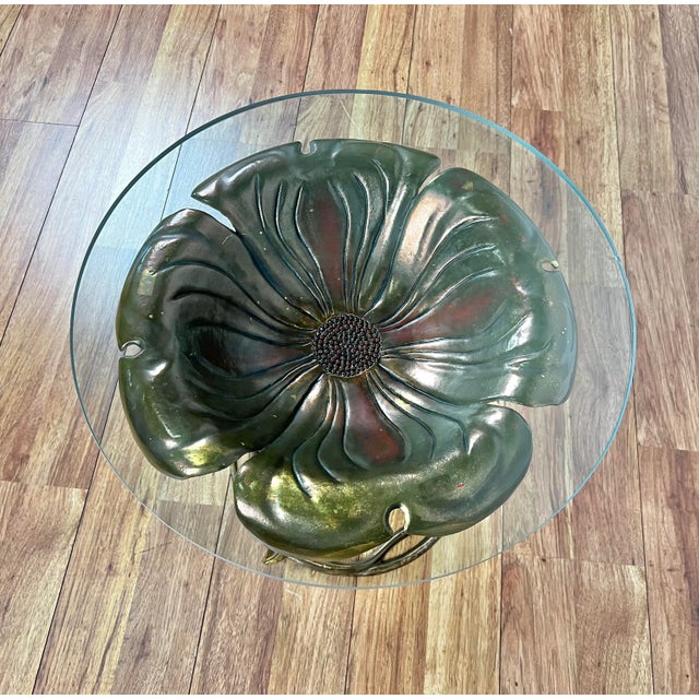 Mid 20th Century Vintage Walker Foundry Hollywood Regency Style Aluminum Gold Decorated Dogwood Table with Glass For Sale - Image 5 of 11
