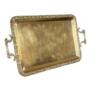 Vintage Lion Head & Rose Motif Brass Serving Tray For Sale