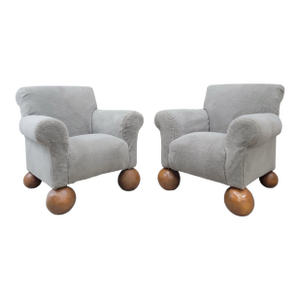 Vintage Oversized Teddy Bear Club Chairs on Teak Ball Feet Newly Reupholstered in Taupe Shearling - Pair