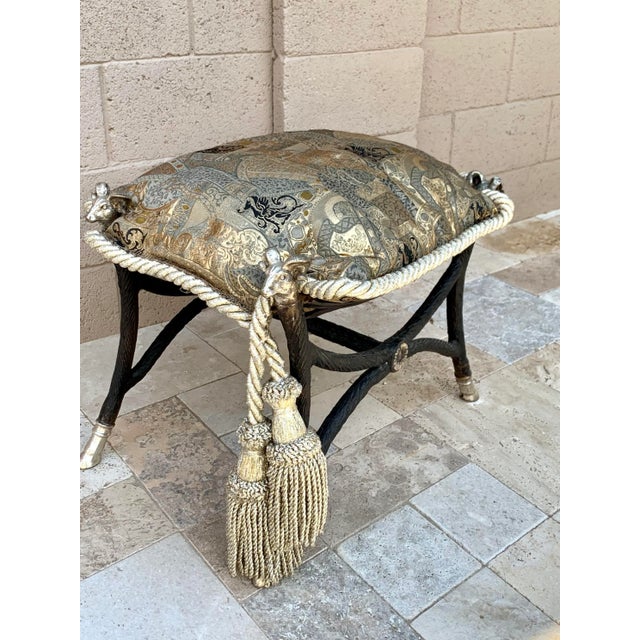 French Vintage Wrought Iron Stool With Custom Pillow For Sale - Image 3 of 11