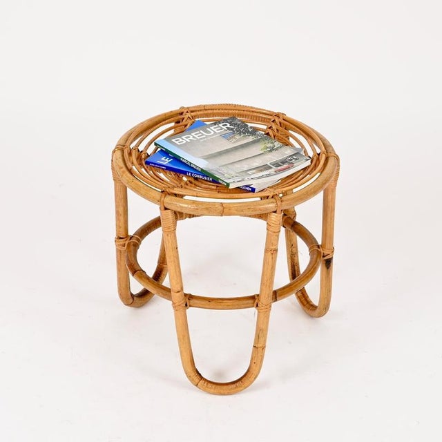 French Riviera Rattan and Wicker Round Stool by Tito Agnoli, Italy, 1960s For Sale - Image 10 of 14