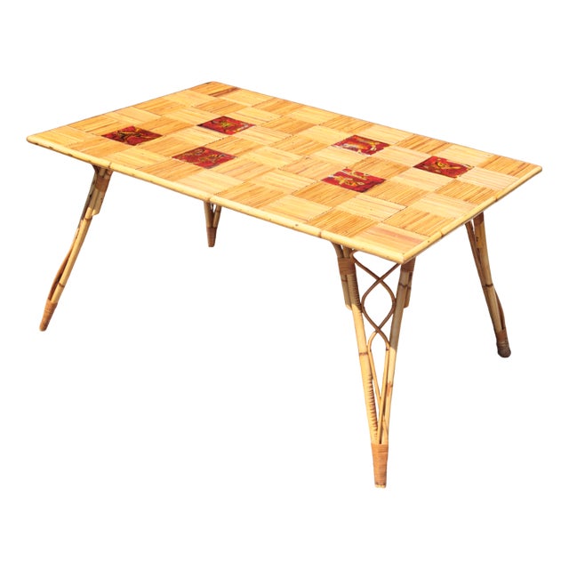 Rattan and Ceramic Dining Table by Audoux-Minet, 1950 For Sale