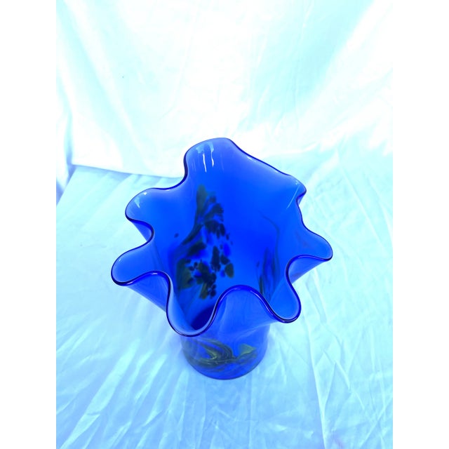 Mid-Century Modern Vintage Blue Ruffled Murano Style Vase For Sale - Image 3 of 4