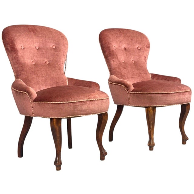 Swedish Modern, Traditional Slipper Chairs, Pink Velvet, Wood, Sweden, 1950s For Sale - Image 15 of 15