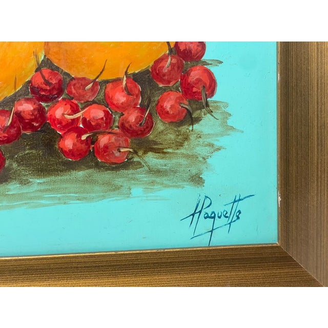 Realism Vintage H Pauquette Fruit Orange Cherry Still Life Realism Oil Painting on Board For Sale - Image 3 of 10