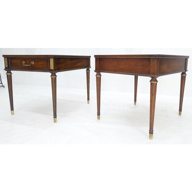 Pair Banded Top Fluted Tapered Legs One Drawer Low Profile End Tables Stands For Sale - Image 6 of 14